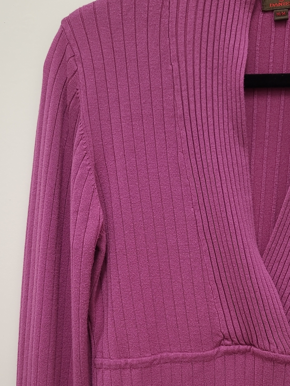 Danier Ribbed V-Neck Sweater in Raspberry - Picture 9 of 9